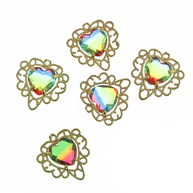 Faceted Glass Filigree Heart Rhinestone Gold Tone Charm - Choose Your Color!