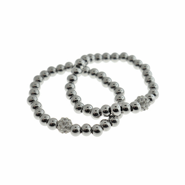 Stainless Steel Bead Bracelet - 52mm - Silver Tone with Inset Rhinestone Bead - 1 Bracelet - N338