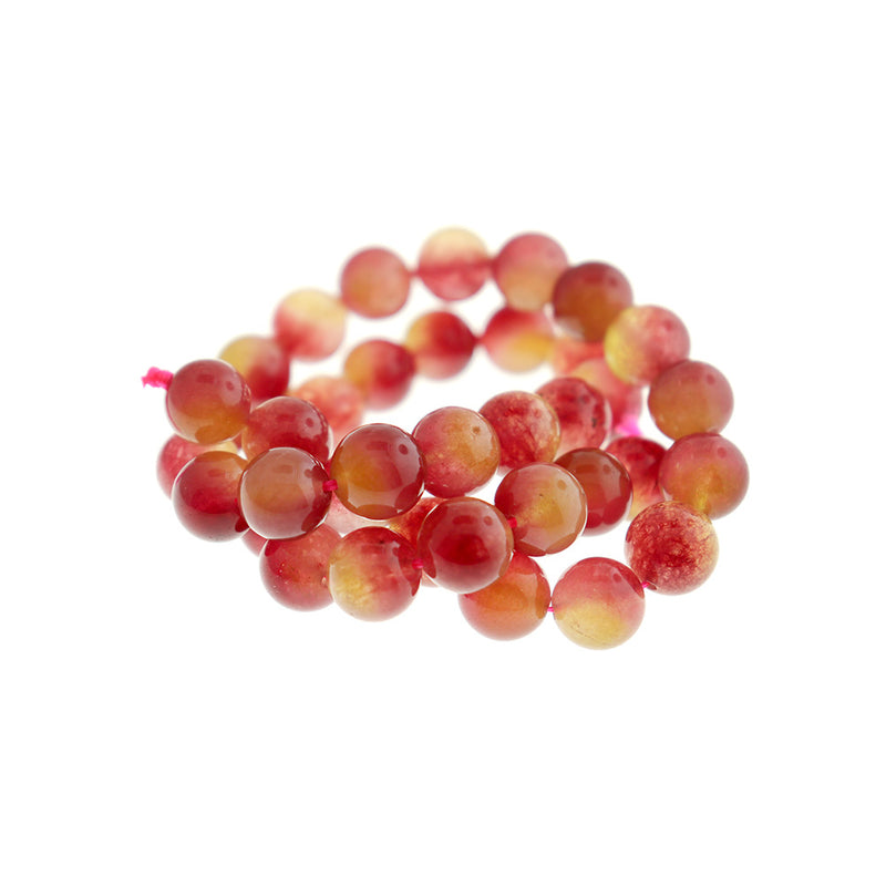 Perles rondes en jade naturel de Malaisie 10 mm - Rouge chiné et jaune - 1 brin 38 perles - BD1671