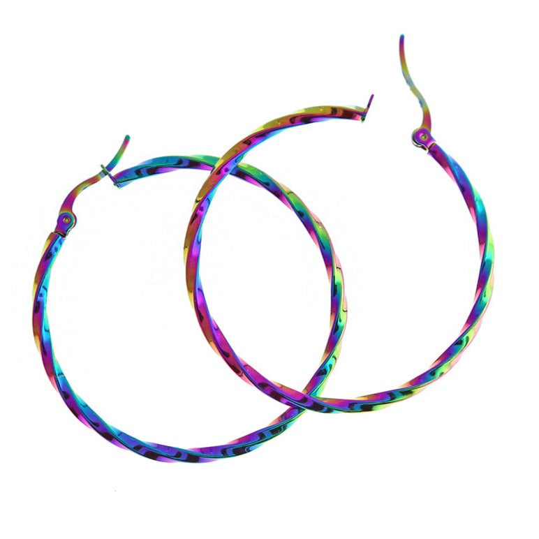 Rainbow Electroplated Stainless Steel Earrings - Twisted Hoop - 1 Pair - Choose Your Size!