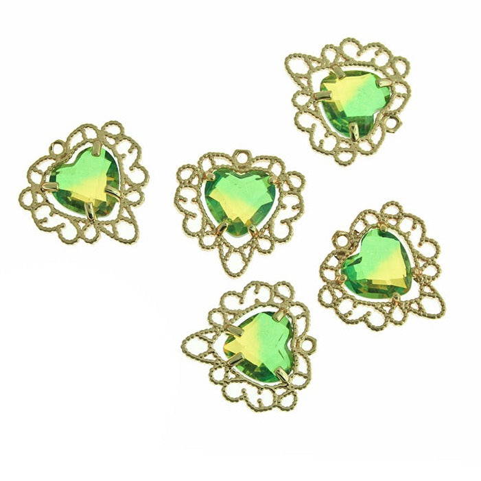 Faceted Glass Filigree Heart Rhinestone Gold Tone Charm - Choose Your Color!