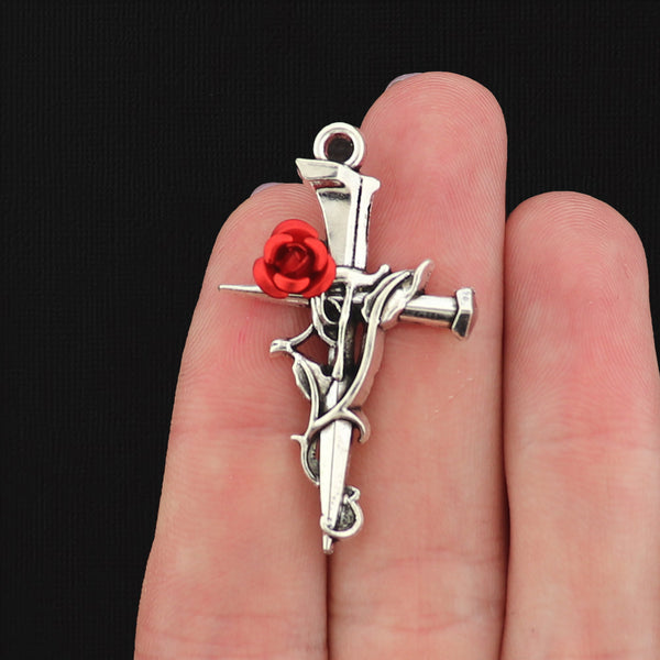 4 Cross with Rose and Thorns Antique Silver Tone Charms - SC017