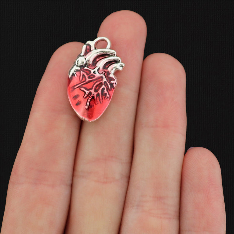 4 Red Anatomical Human Heart Silver Tone Enamel Charms - E058