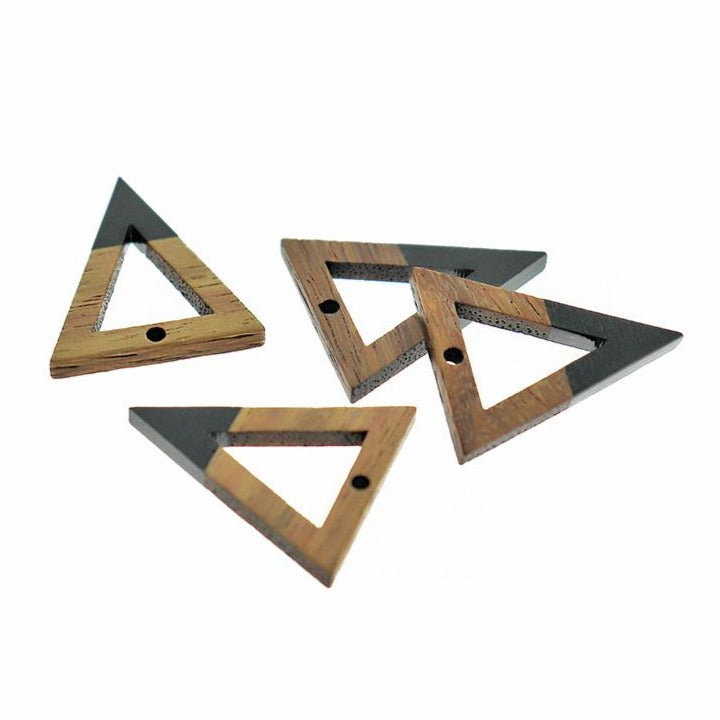 2 Breloques Triangle Ouvert Bois Naturel et Résine Turquoise 27mm - WP159