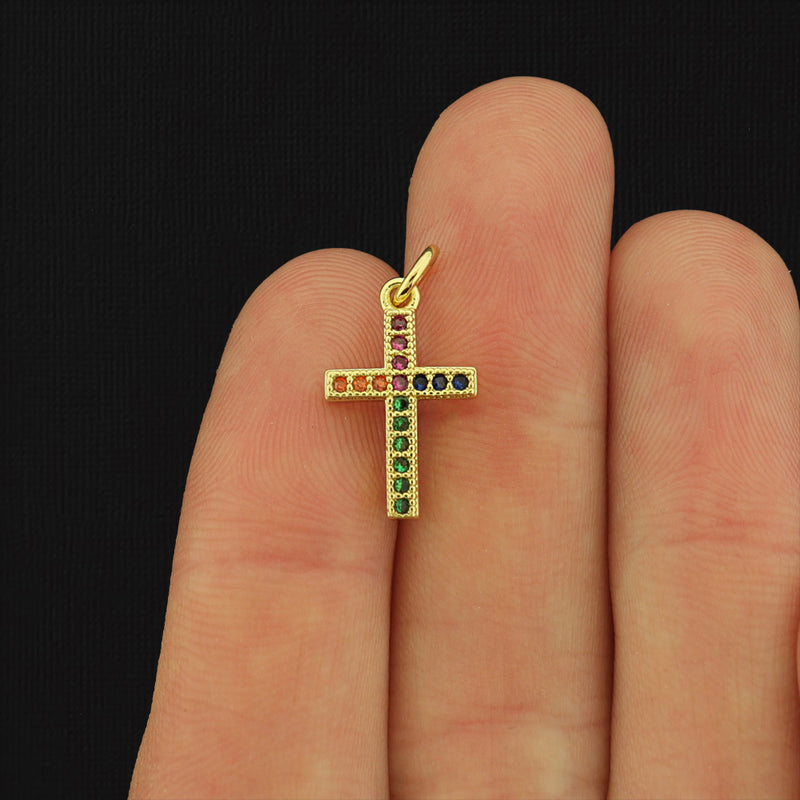 Rhinestone Cross Gold Tone Brass Charm - BR049