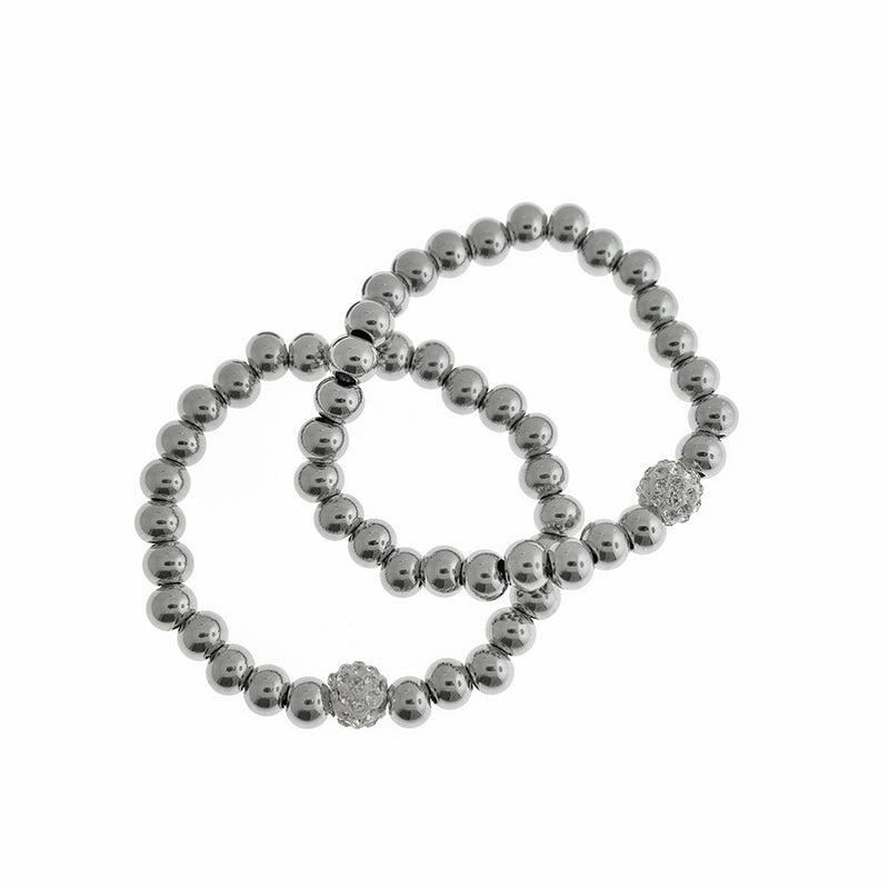 Stainless Steel Bead Bracelet - 52mm - Silver Tone with Inset Rhinestone Bead - 1 Bracelet - N338