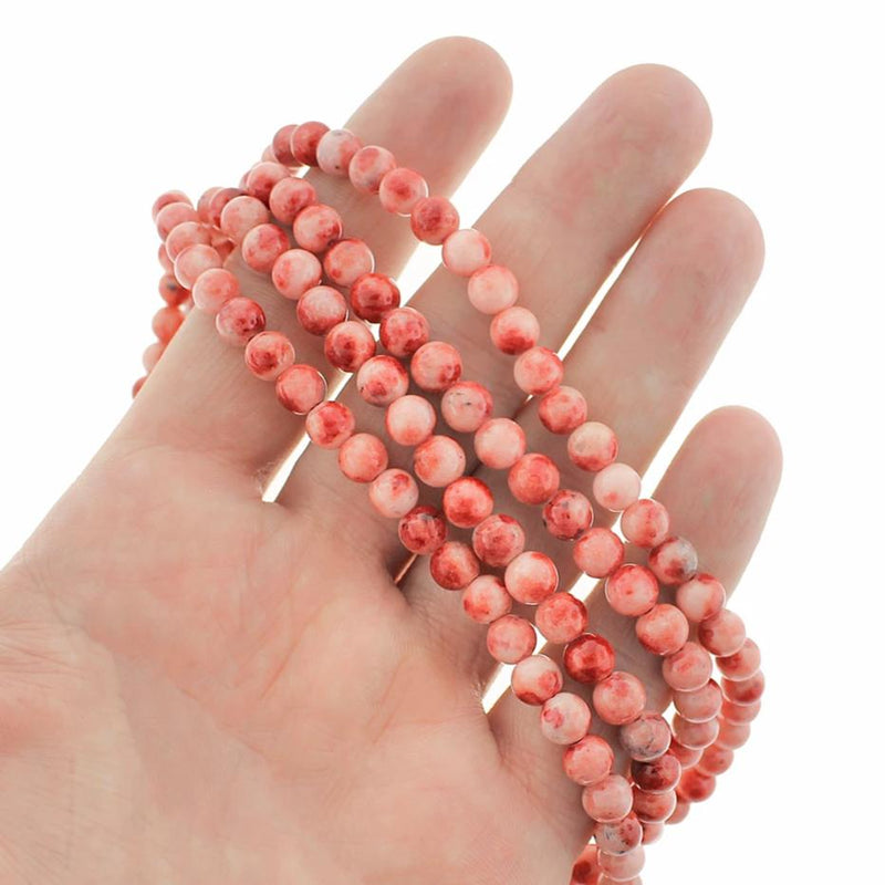 Perles rondes en jade naturel 6 mm - Rose chiné et blanc - 1 rang 62 perles - BD1700