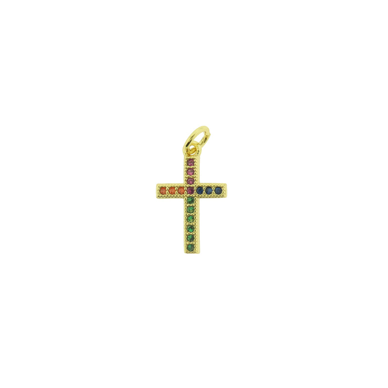 Rhinestone Cross Gold Tone Brass Charm - BR049