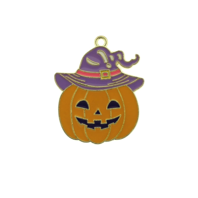 4 Witch Pumpkin Gold Tone Enamel Charms - E066