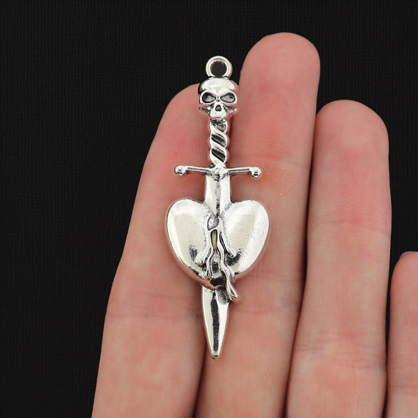 4 Sword with Skull and Heart Antique Silver Tone Charms - SC031