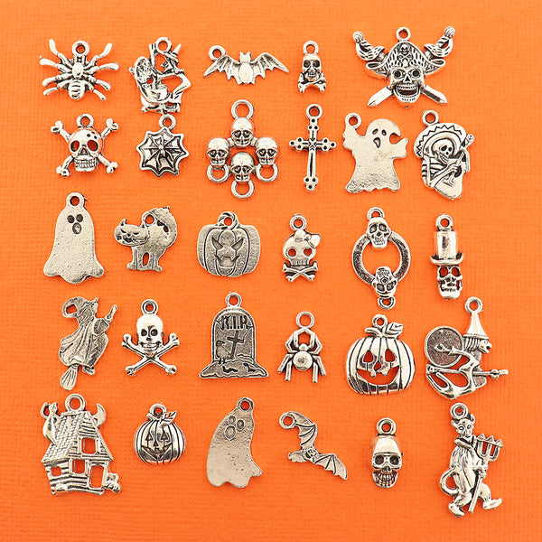 Deluxe Halloween Charm Collection Antique Silver Tone 30 Different Charms - COL226H