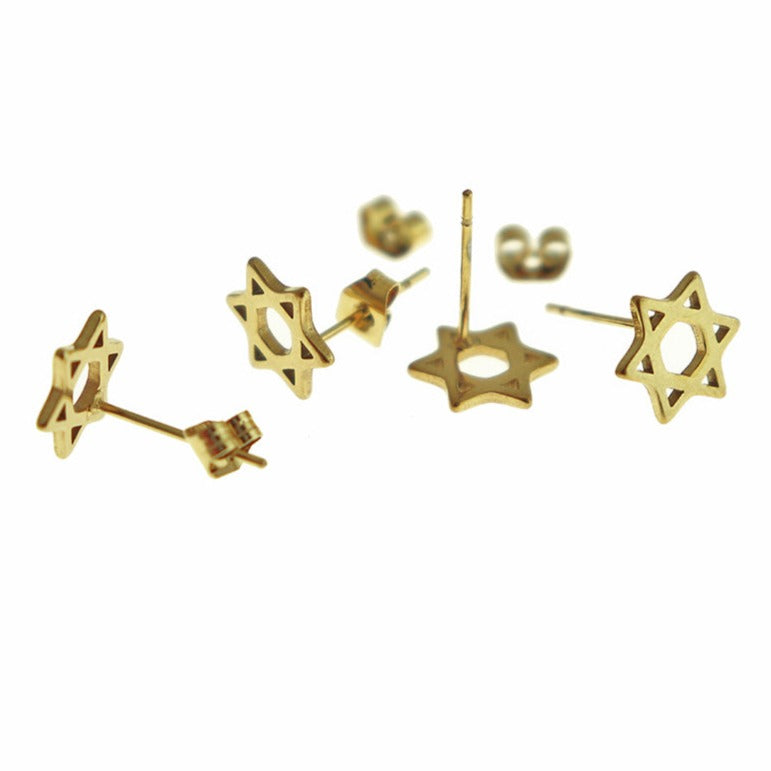 Stainless Steel Earrings - Star of David Studs - 9.5mm x 8mm - 1 Pair - Choose Your Tone!