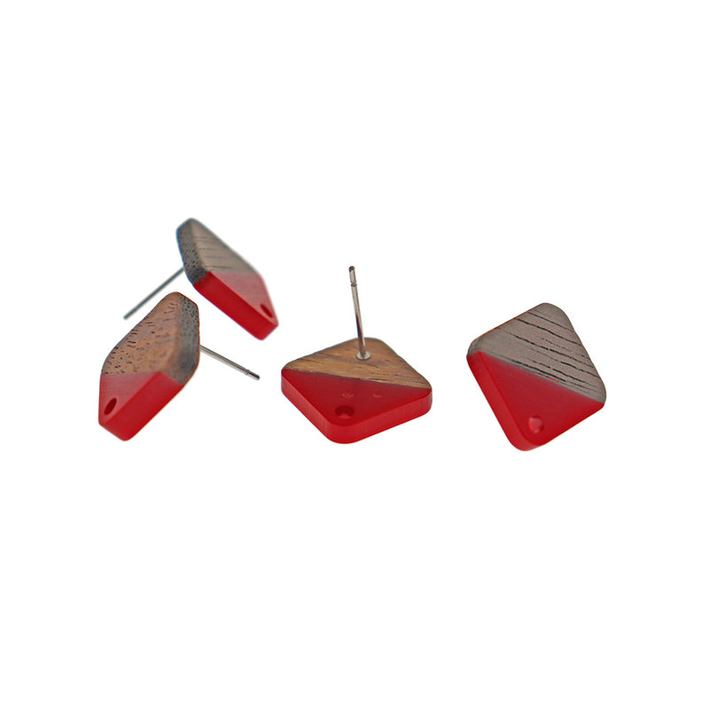 Wood Stainless Steel Earrings - Resin Rhombus Studs - 1 Pair - Choose Your Color!