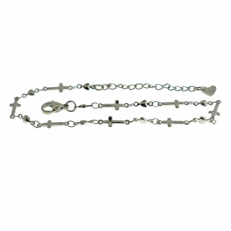 Bracelets chaîne coeur croix acier inoxydable doré 11" plus prolongateur - 3mm - 5 bracelets - N807