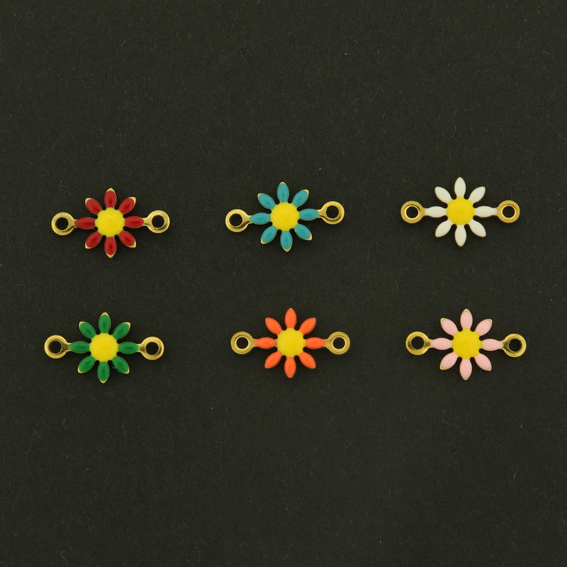 14k Daisy Connector Charms - 4 Charms - Enamel Flower Pendant - 14k Gold Plated