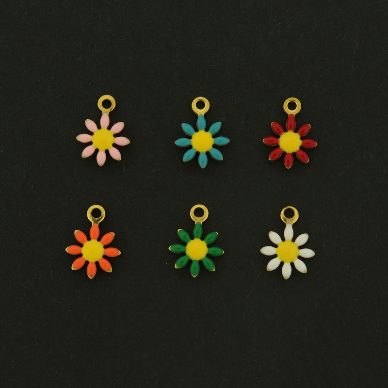 14k Daisy Charms - 4 Charms - Enamel Flower Pendant - 14k Gold Plated