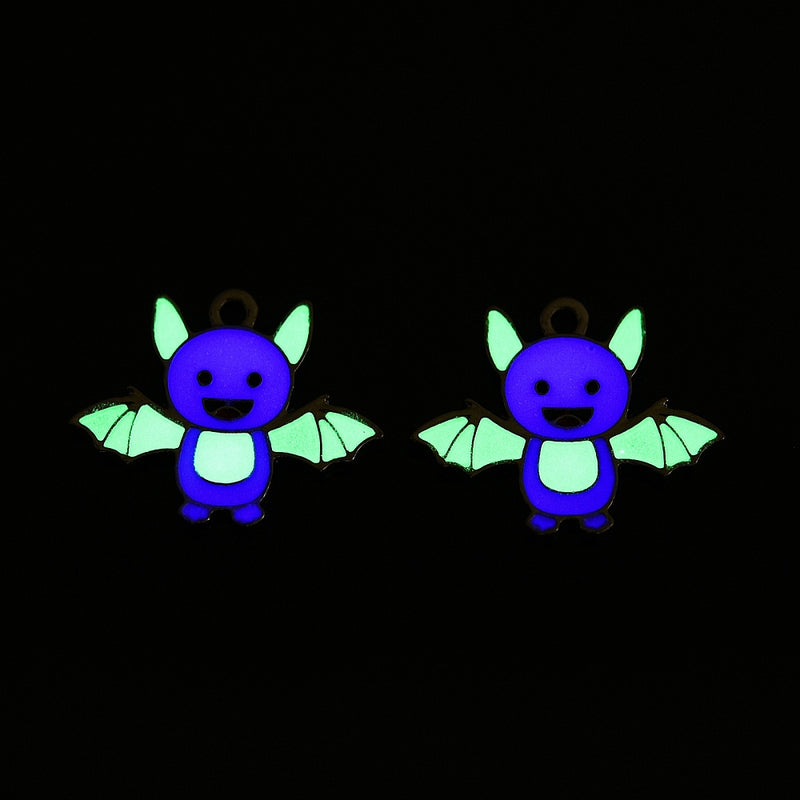 4 Bat Silver Tone Enamel Charms - Glow in the Dark! - E1678