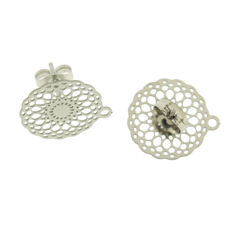 Silver Tone Stainless Steel Earrings - Mandala Stud Bases - 16mm - 2 Pieces 1 Pair - FD030