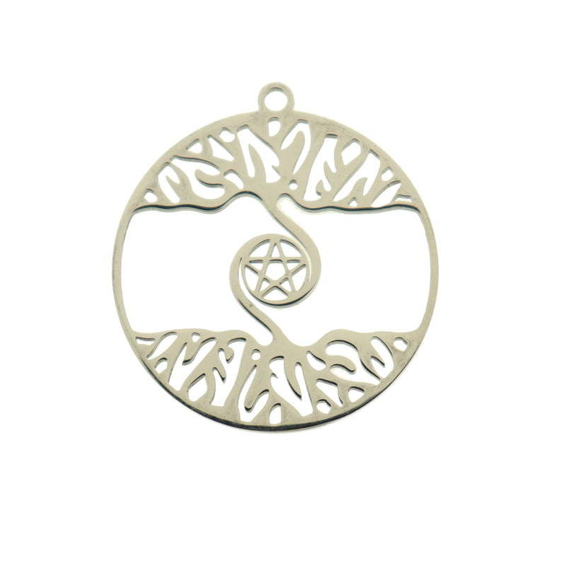 Tree of Life With Pentagram Silver Tone Stainless Steel Charm - SSP565