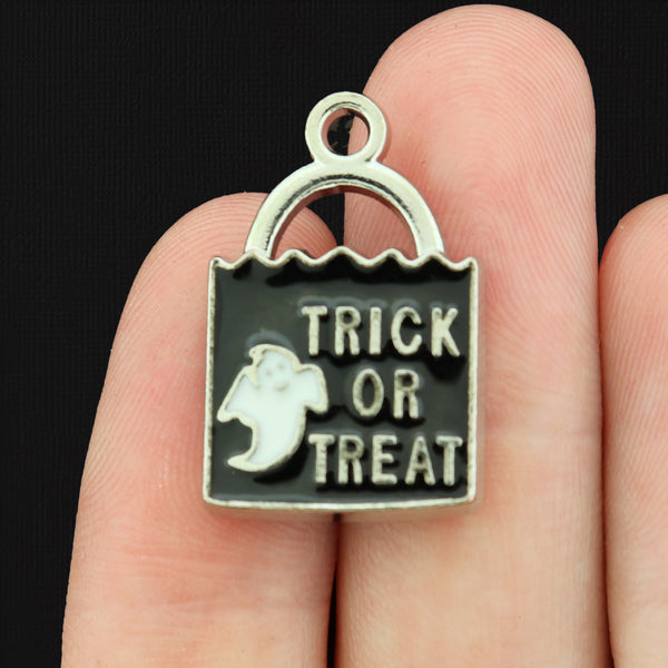 4 Trick Or Treat Treat Bag Silver Tone Enamel Charms - E133