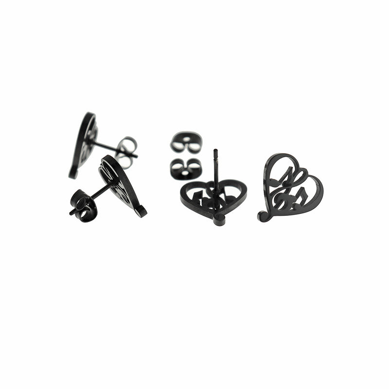 Boucles d'Oreilles Acier Inoxydable - Clous Coeur Note de Musique - 13mm - 2 Pièces 1 Paire - ER817