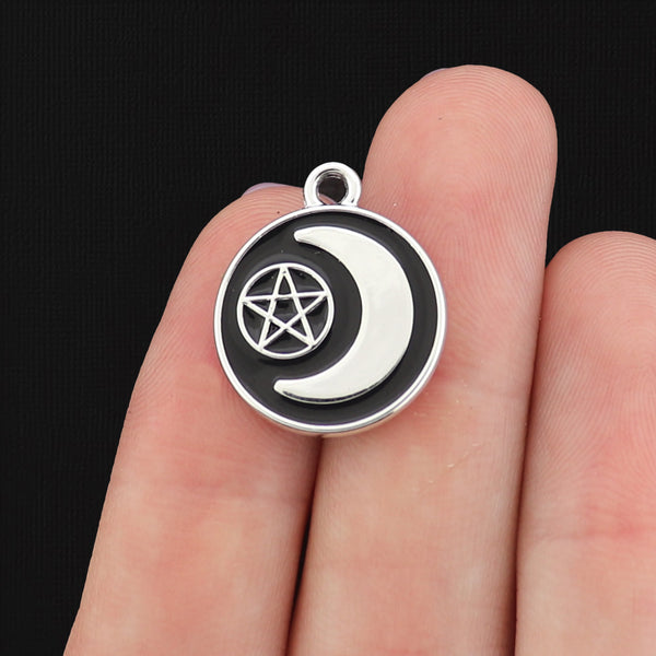 4 Pentagram Moon Silver Tone Enamel Charms - E107