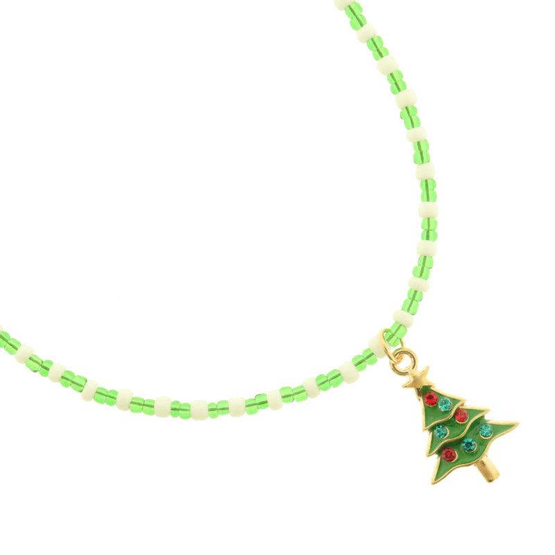 Christmas Seed Bead Choker Necklace - 16" + 2" - Green and White - BB100