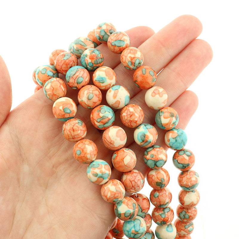 Round Imitation Ocean White Jade Beads 6mm - 10mm - Choose Your Size - Mottled Orange and Blue - 1 Full Strand - BD016