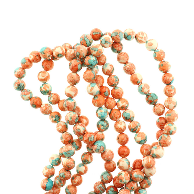 Round Imitation Ocean White Jade Beads 6mm - 10mm - Choose Your Size - Mottled Orange and Blue - 1 Full Strand - BD016