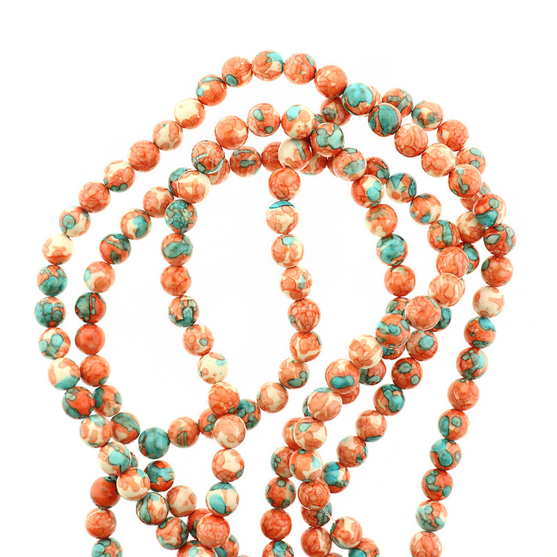 Round Imitation Ocean White Jade Beads 6mm - 10mm - Choose Your Size - Mottled Orange and Blue - 1 Full Strand - BD016