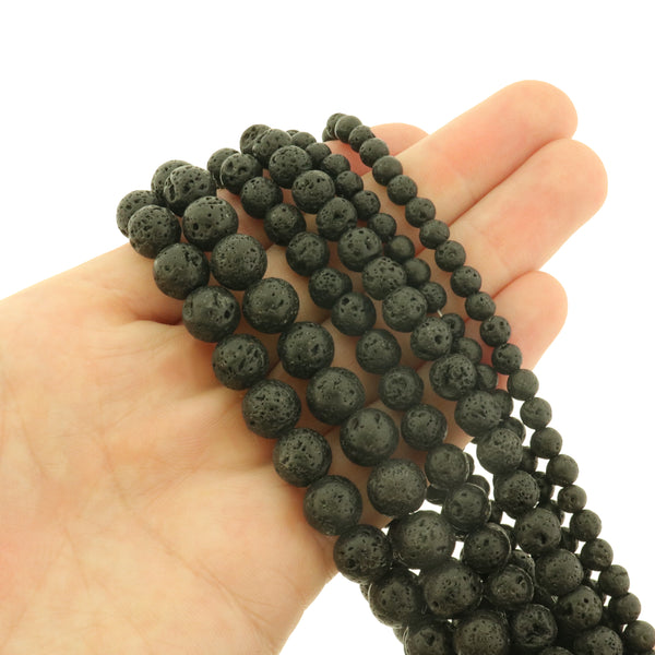 Round Natural Volcano Lava Beads - Black - 1 Strand - Choose Your Size!