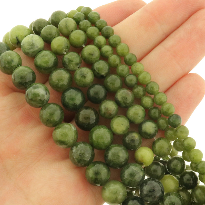 Round Natural Nephrite Jade Beads 4mm -8mm - Choose Your Size - Green Tones - 1 Full 15.5" Strand - BD3011