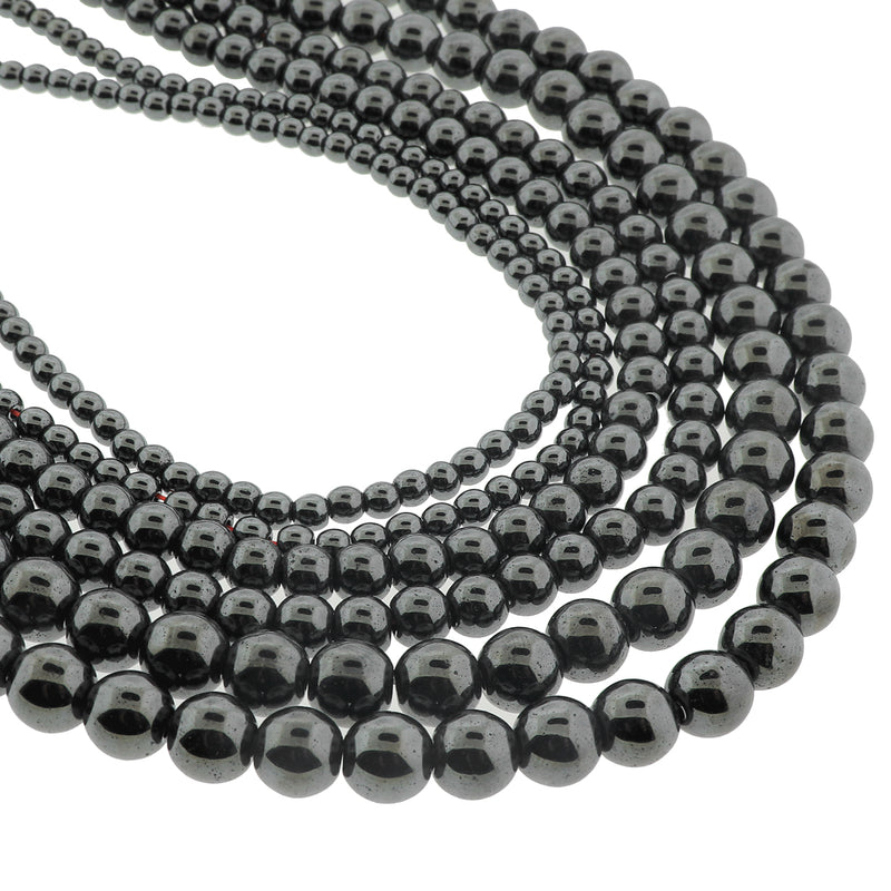 Round Synthetic Hematite Beads 4mm - 8mm - Choose Your Size - Black - 1 Full 15.5" Strand - BD3029