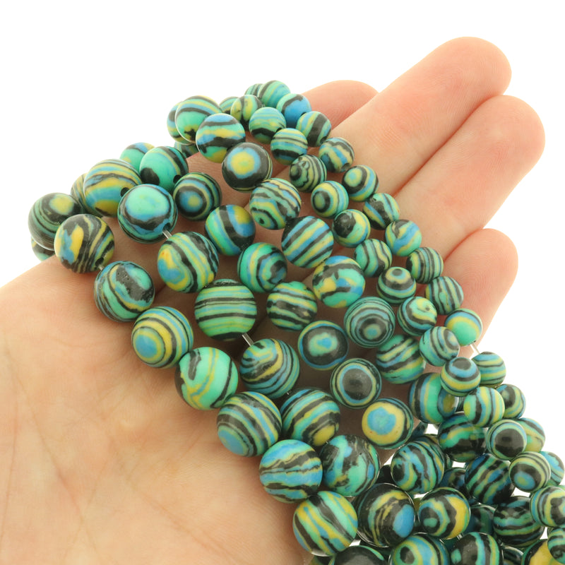 Round Synthetic Malachite Beads - Choose Your Size - Green, Yellow and Black - 1 Full 15" Strand