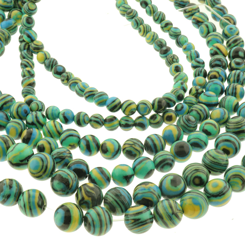 Round Synthetic Malachite Beads - Choose Your Size - Green, Yellow and Black - 1 Full 15" Strand