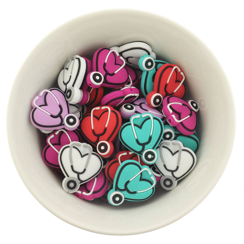 Medical Silicone Focal Beads - Stethoscope Heart - 5 Beads - Choose Your Color