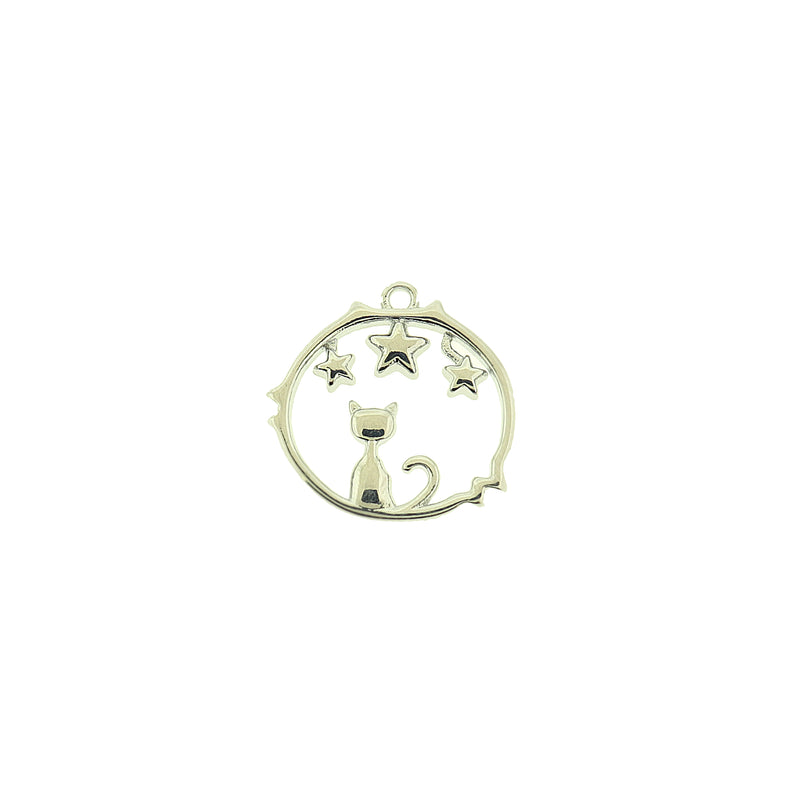 Cat and Stars Charm - Platinum Plated Brass - 1 Charm - BR117