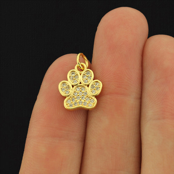 18K Gold Dog Paw with Rhinestone Gold Tone Brass Charm - BR046