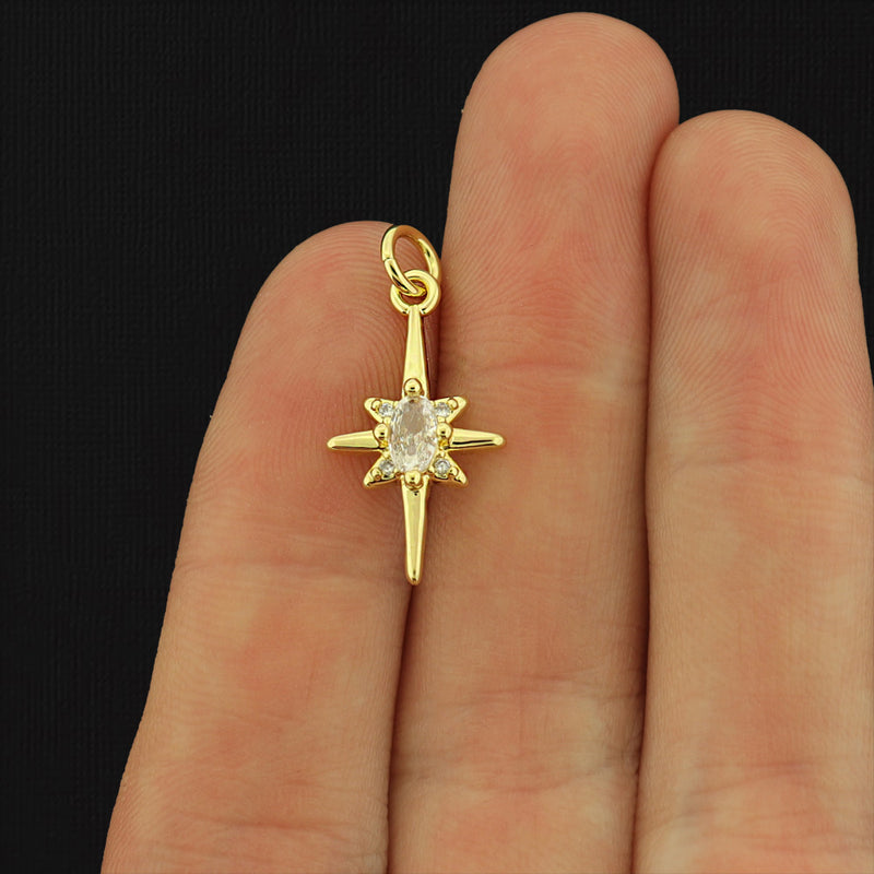 North Star with Rhinestone Gold Tone Brass Charm - BR076