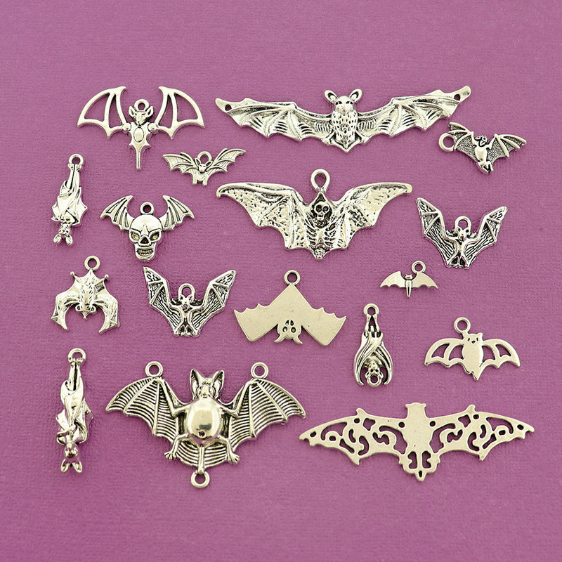 Deluxe Bat Collection Antique Silver Tone 17 Different Charms - COL446H