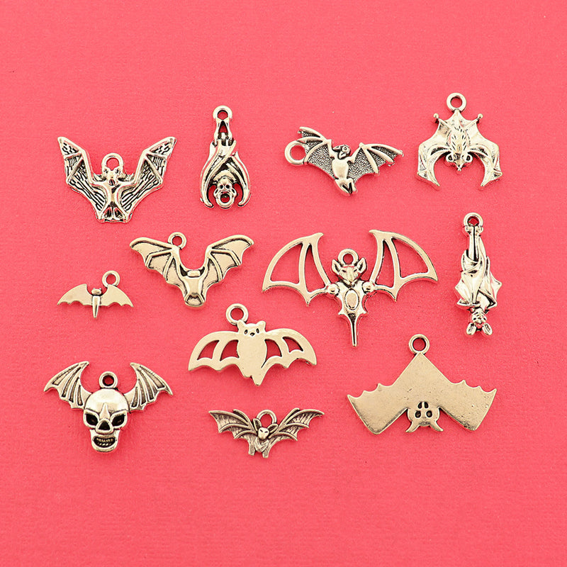 Bat Collection Antique Silver Tone 12 Different Charms - COL447H