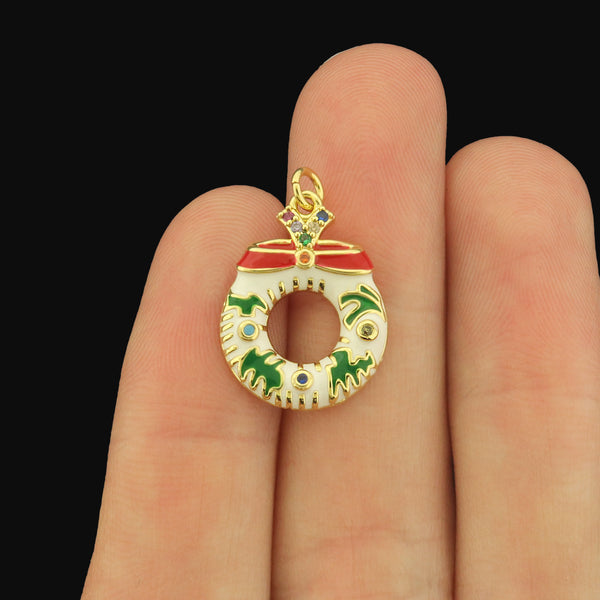 Wreath Gold Tone Enamel Charms with CZs - E1059