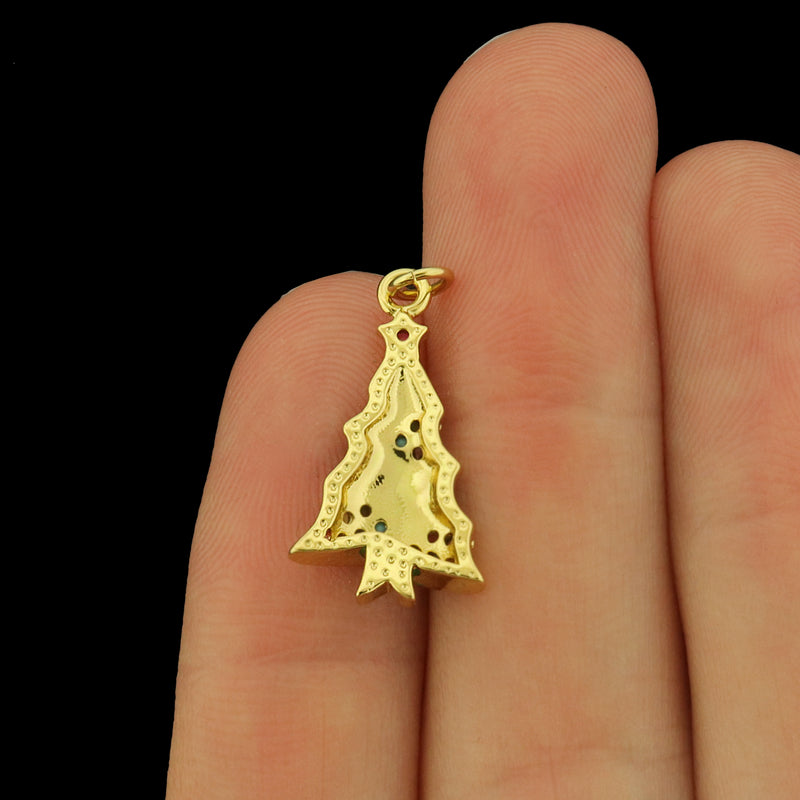 Christmas Tree Gold Tone Enamel Charms with CZs - E1071