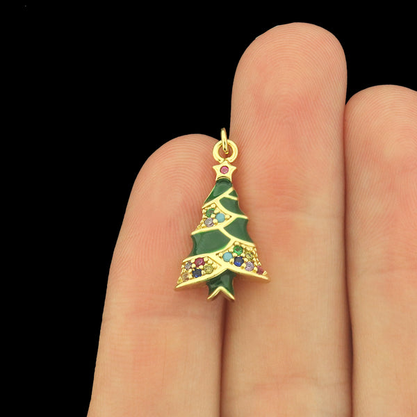 Christmas Tree Gold Tone Enamel Charms with CZs - E1071