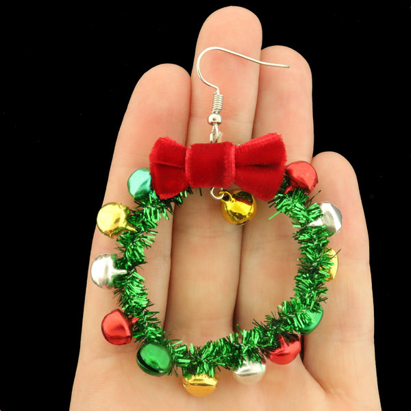 Christmas Wreath with Bell Earrings and Bow - French Hook - 1 Pair - ER1093