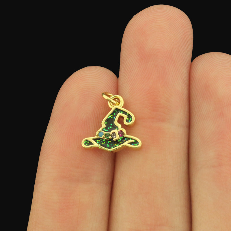 Witch Hat Enamel Charms with CZs - Choose Silver, Gold or Black!