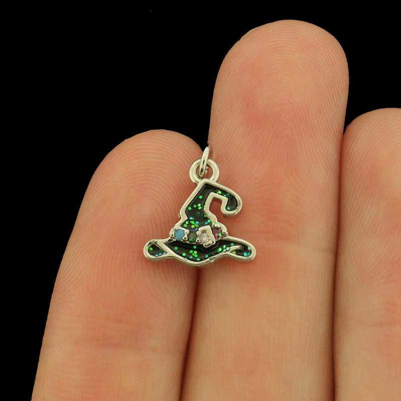 Witch Hat Enamel Charms with CZs - Choose Silver, Gold or Black!