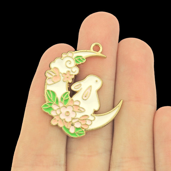 2 Bunny Crescent Moon Gold Tone Enamel Charms - Two Sided - E154