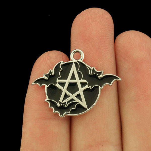 4 Halloween Enamel Charms - Pentagram and Bats - E1627