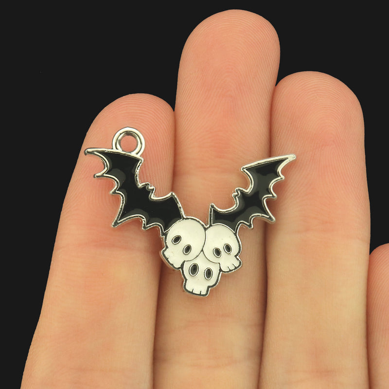 4 Skull and Bats Silver Tone Enamel Charms - E1628